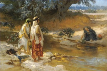 three women at the table by the lamp Painting - AT THE WATERs EDGE Frederick Arthur Bridgman Arab